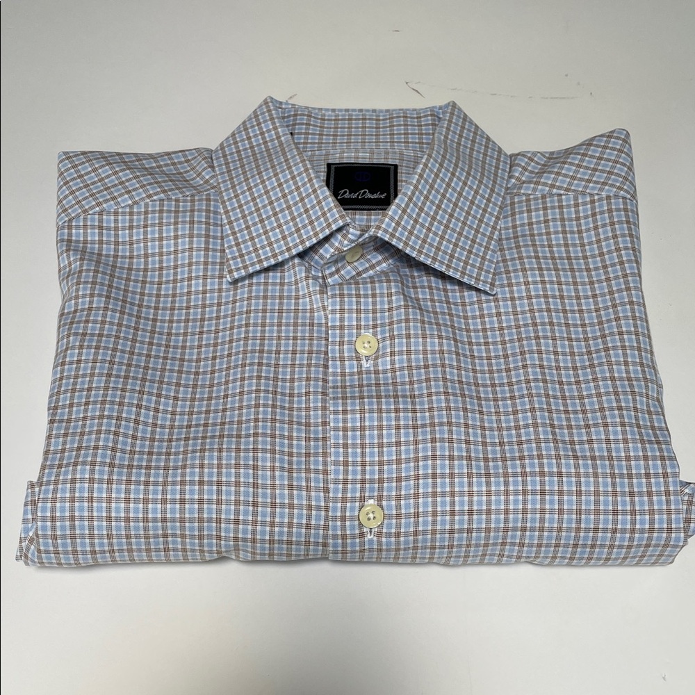 David Donahue Light Blue and tan  Plaid Dress Shirt